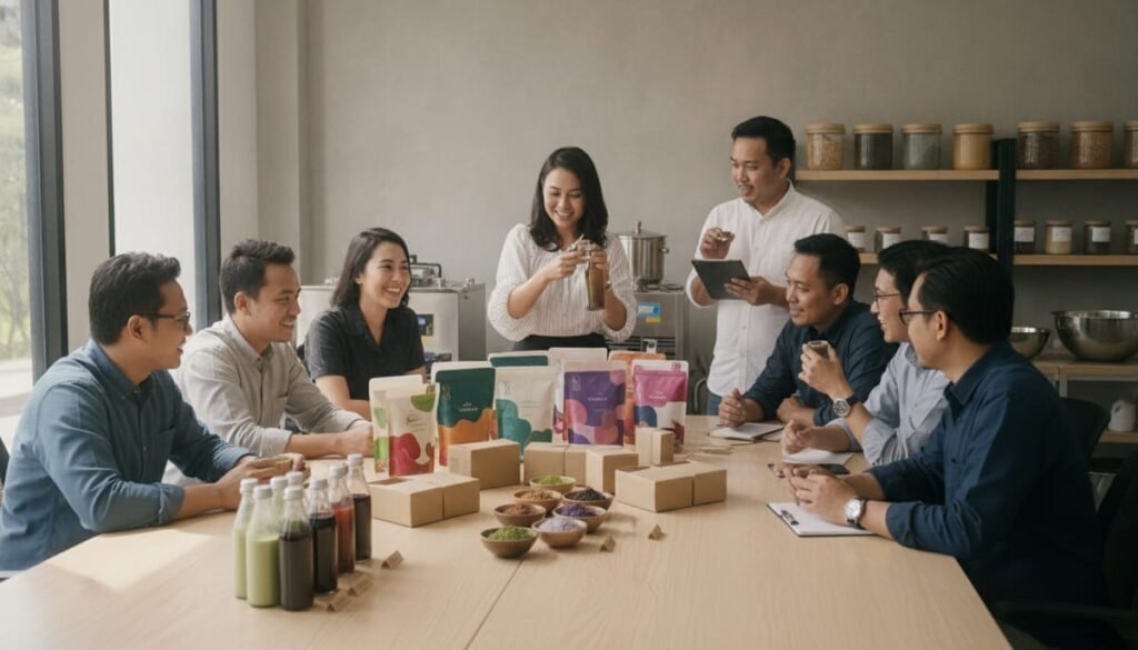 Diskusi tim membahas cara membuat brand minuman sendiri dengan sampel kemasan